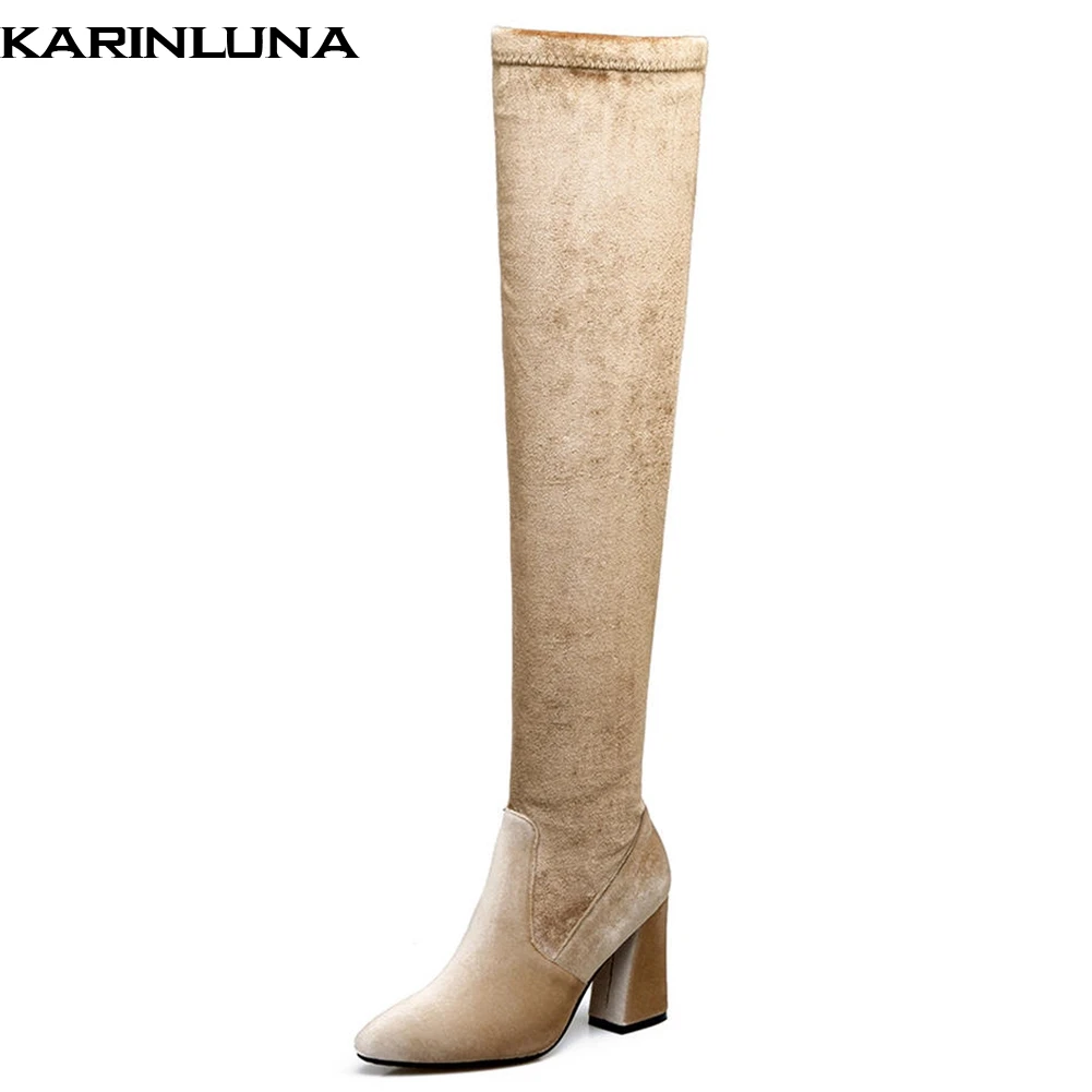 

Karinluna 2018 Fashion Large Sizes 33-46 Chunky Heels Zip Up Women Shoes Woman Add Fur Winter Boots Over The Knee Boots