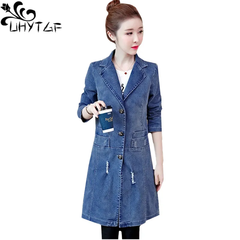 UHYTGF весенне-осенние пальто женская джинсовая куртка длинное пальто женский однобортный джинсовый жакет свободный S-5XL Плюс размер верхняя одежда 861