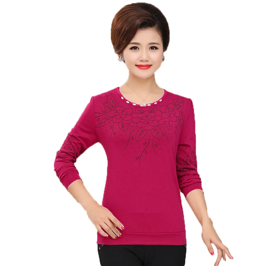 

WAEOLSA Middle Aged Women Casual Blouse Red Pink Blue Yellow Print Tops Long Sleeve Tunic Mother Basic Blouses Woman Clothings