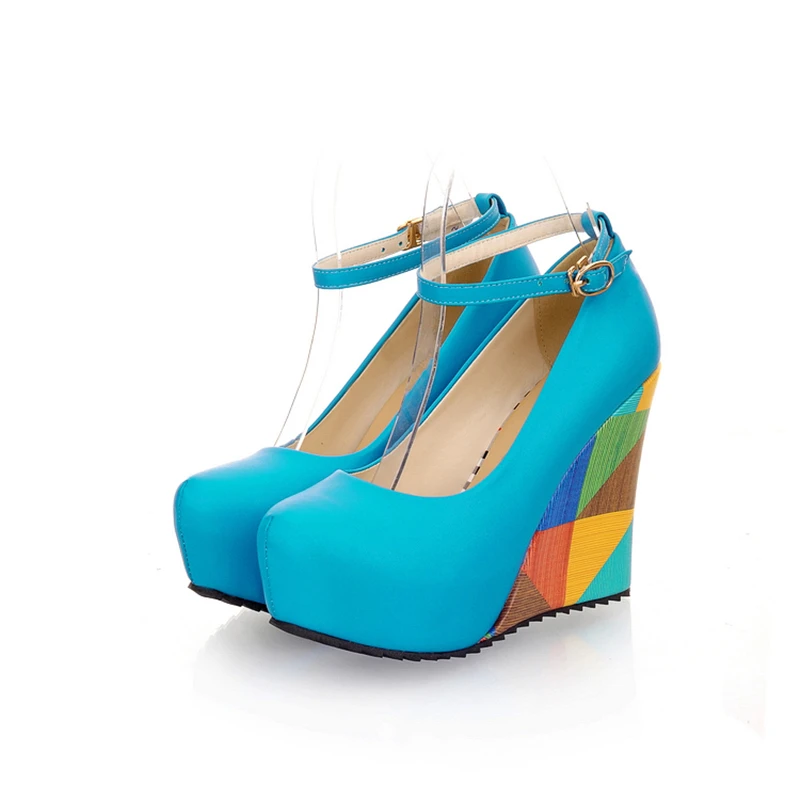 KARINLUNA/ г. Большие размеры 33-43, элегантные разноцветные женские туфли-лодочки с круглым носком Модные женские туфли на танкетке и высоких каблуках для свидания - Цвет: Синий