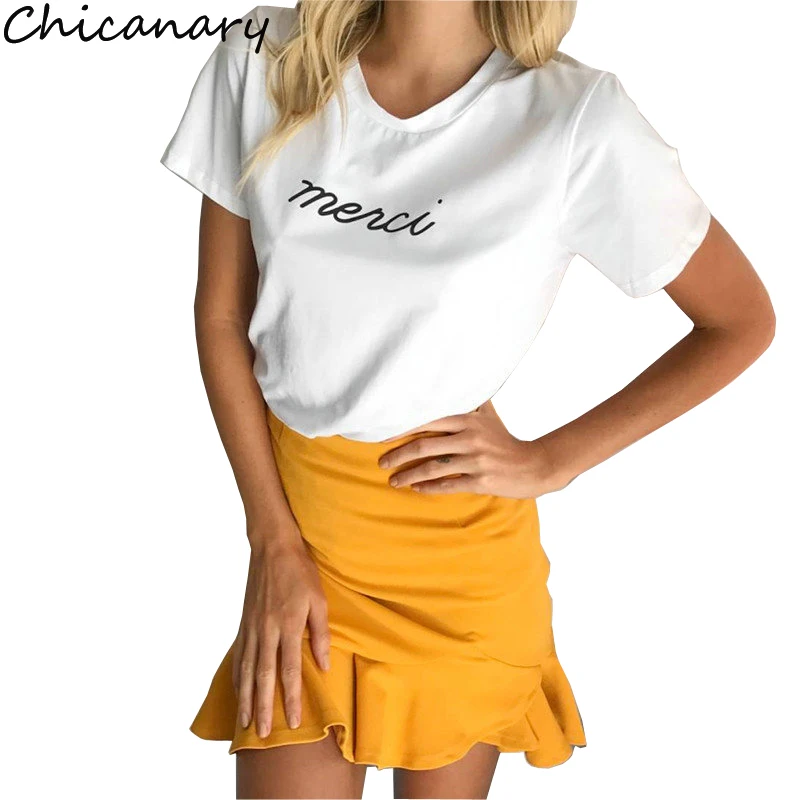 Chicanary 2018 Summer Merci French Letter Print Women T Shirts Short