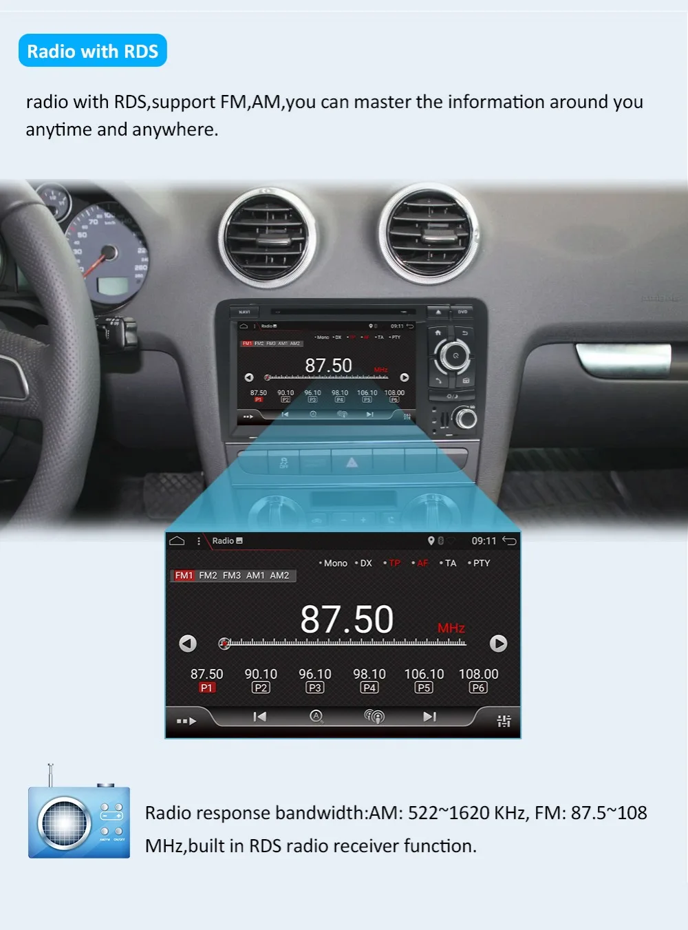 Perfect Bosion 7 inch HD 2 Din Android 9.0 Octa 8 Core Car Radio Stereo DVD Player Multimedia Navigation GPS For Audi A3 8P 2003-2011 BT 10