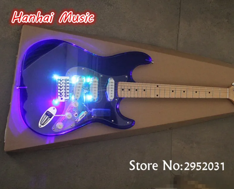 Free Shipping Electric Guitar,Acrylic Dark Blue Body,Colorful LED