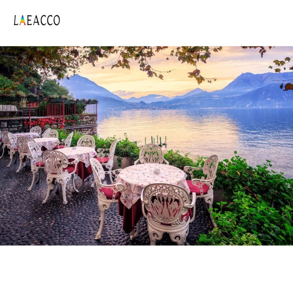 Laeacco Photo Backdrops Riverside Romantic Dinner Table Chair Mountain Baby Scene Photography Background Photocall Photo Studio