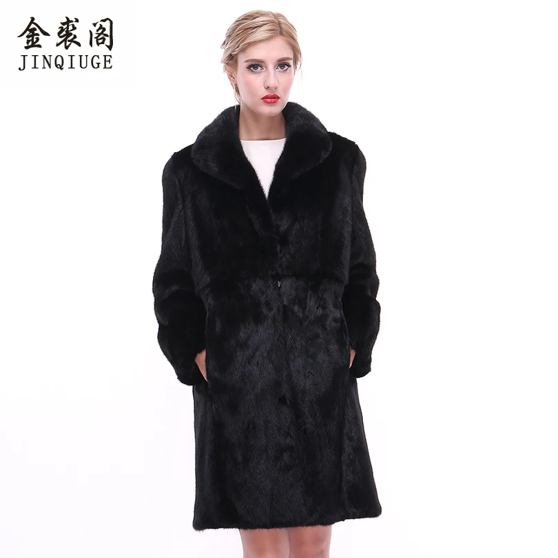 JINQIUGE Brand Fur Coat Real Mink Coats For Women Long Medium Type Turn Down Collar Mink Fur