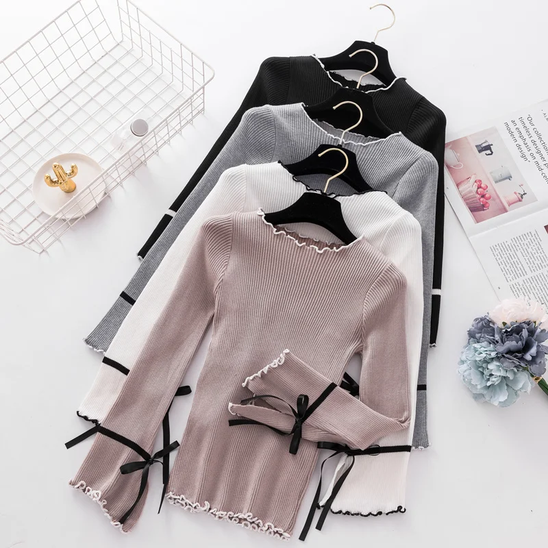 Bow Sweater women clothes 2019 long Sleeve Womens Winter Fashion Ruffled Collar Woman Pullovers Korean Sueter ZY4471 | Женская одежда