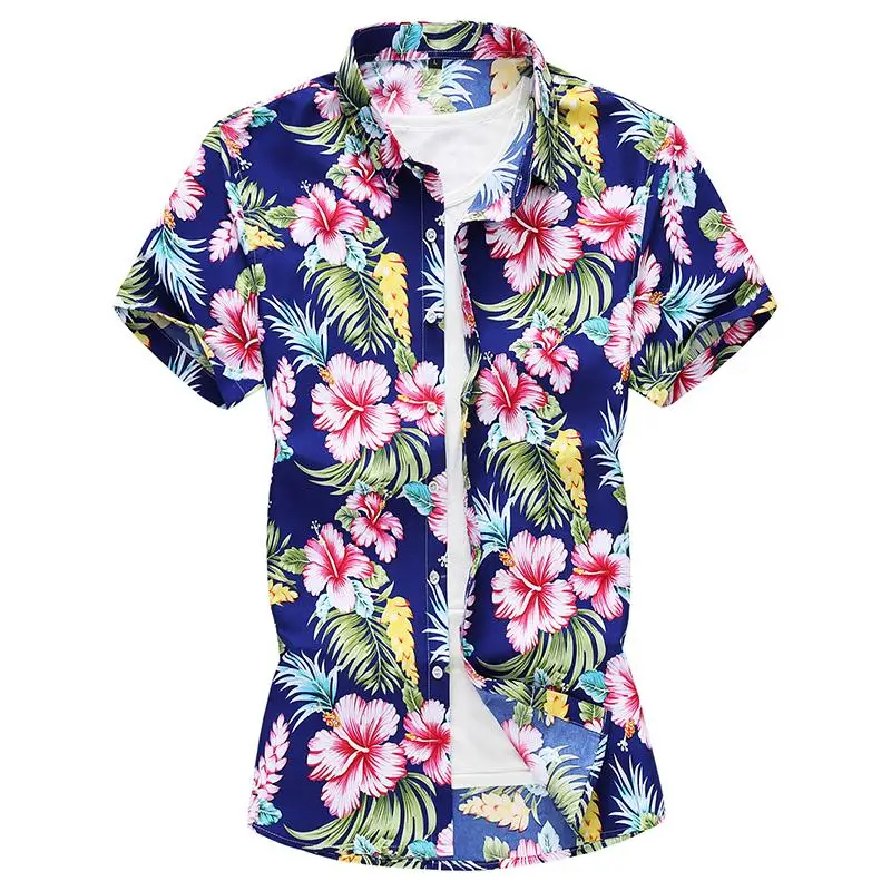 

Mens Dress Shirts Large size Flower Blouse Men Short sleeve Hawaiian Shirt Male Floral Summer Black Blue
