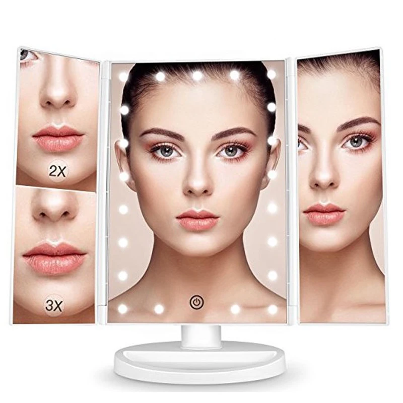

22 LED Lights Touch Screen Makeup Mirror Light Bright Table Desktop Makeup Magnifying Mirrors 3 Folding Adjustable Mirror