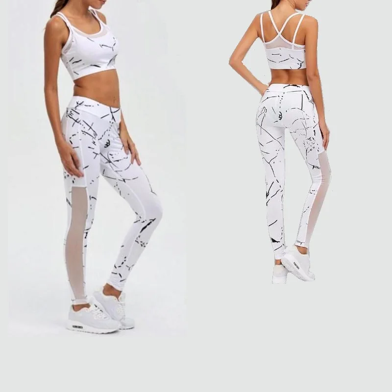 

Marbella Two Piece White Marble print Tights Sport suits mesh panel Halter Tops Sports Bra leggings Women's Tracksuit Yoga Set