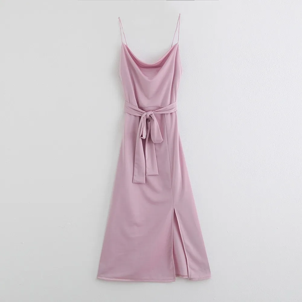 Элегантное Фиолетовое Атласное Платье на бретельках, летнее сексуальное платье без рукавов для вечеринки, женское платье с бантом на поясе и разрезом - Цвет: 1