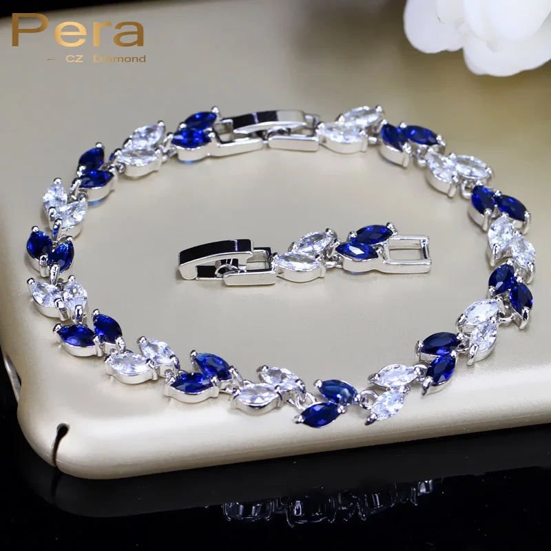 Pera Мода Королевский ювелирные изделия из белого золота Цвет большой лист Форма темно-синий камень кубический цирконий цепи и ссылка браслет для Для женщин B005