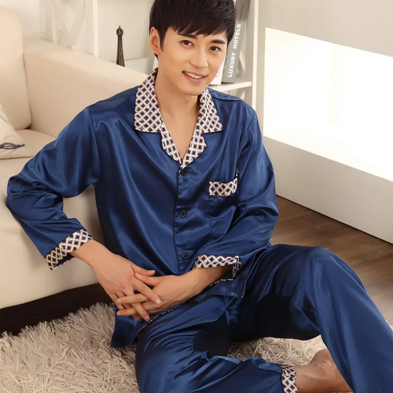 

male plaid twinset spring autumn summer long-sleeve silk pajamas paragraph male sleepwear