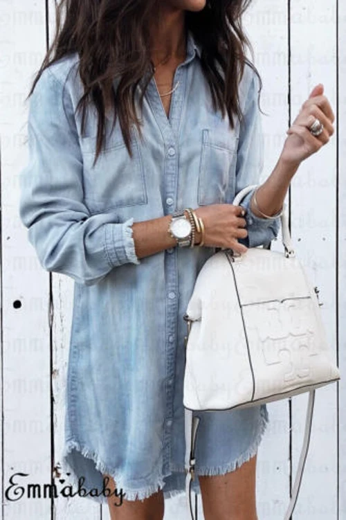 

Womens Summer Casual Long Sleeve Denim Tassel Shirt Ladies Tops T-shirt women casual T-shirt