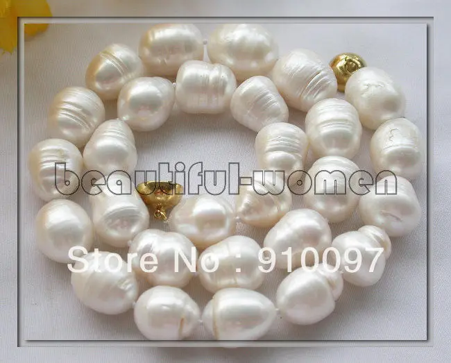 

free shipping >>>17" 15MM WHITE BAROQUE RICE FRESHWATER CULTURED PEARL NECKLACE