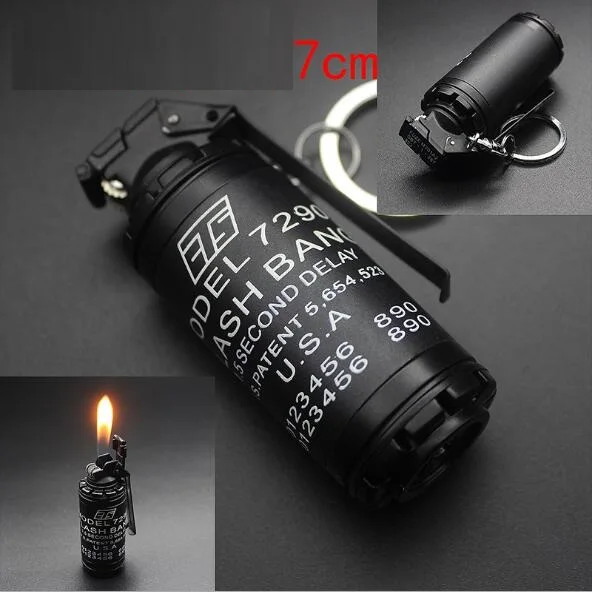 

Creative military small model smoke bomb inflatable lighter , small key chain wheel open fire lighter.