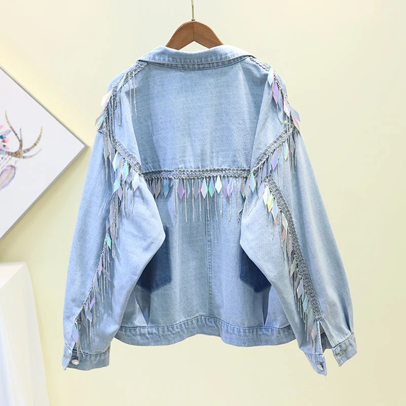 

SexeMara fashion The New Loose Heavy work Sequin tassel Washed denim jacket Free shipping