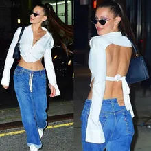 Nibber femmes sexy col en V hauts dos nu sauvage à manches longues élégant haut de culture offre spéciale T-shirt blanc loisirs vacances maison vêtements