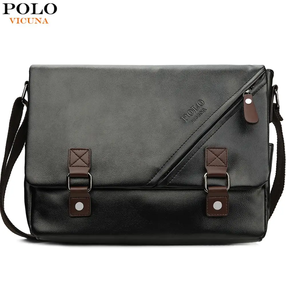 

VICUNA POLO Promotional Men Messenger Bag Vintage Large Horizontal Black Satchel Bag With Double Belt Fashion Mens Handbag Hot
