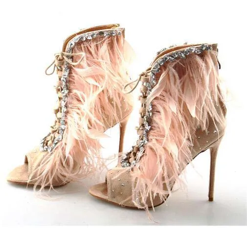 

YX GIRL Crystal Feather Peep Toe Ankle Boots Shoes Woman 2018 new Spring Gladiator Sandals Women Stiletto Plus Size High Heels