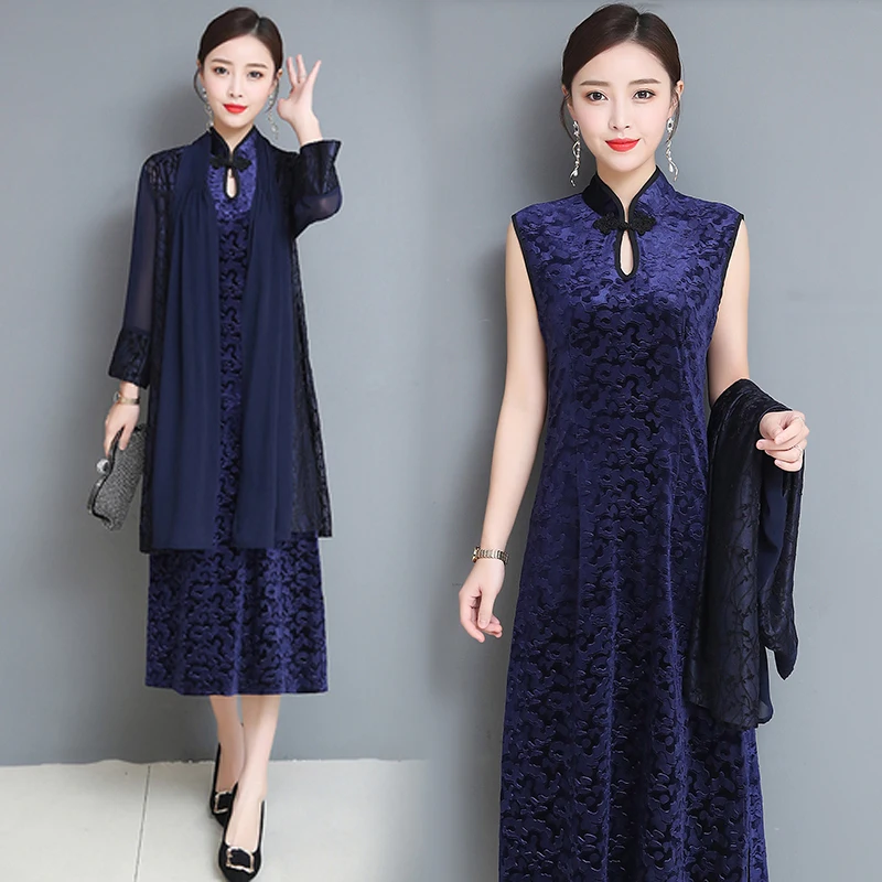 

Navy blue Velvet dress women 2 piece set cardigan plus size midi party dresses Chinese elegant long sleeve clothes 2019 spring