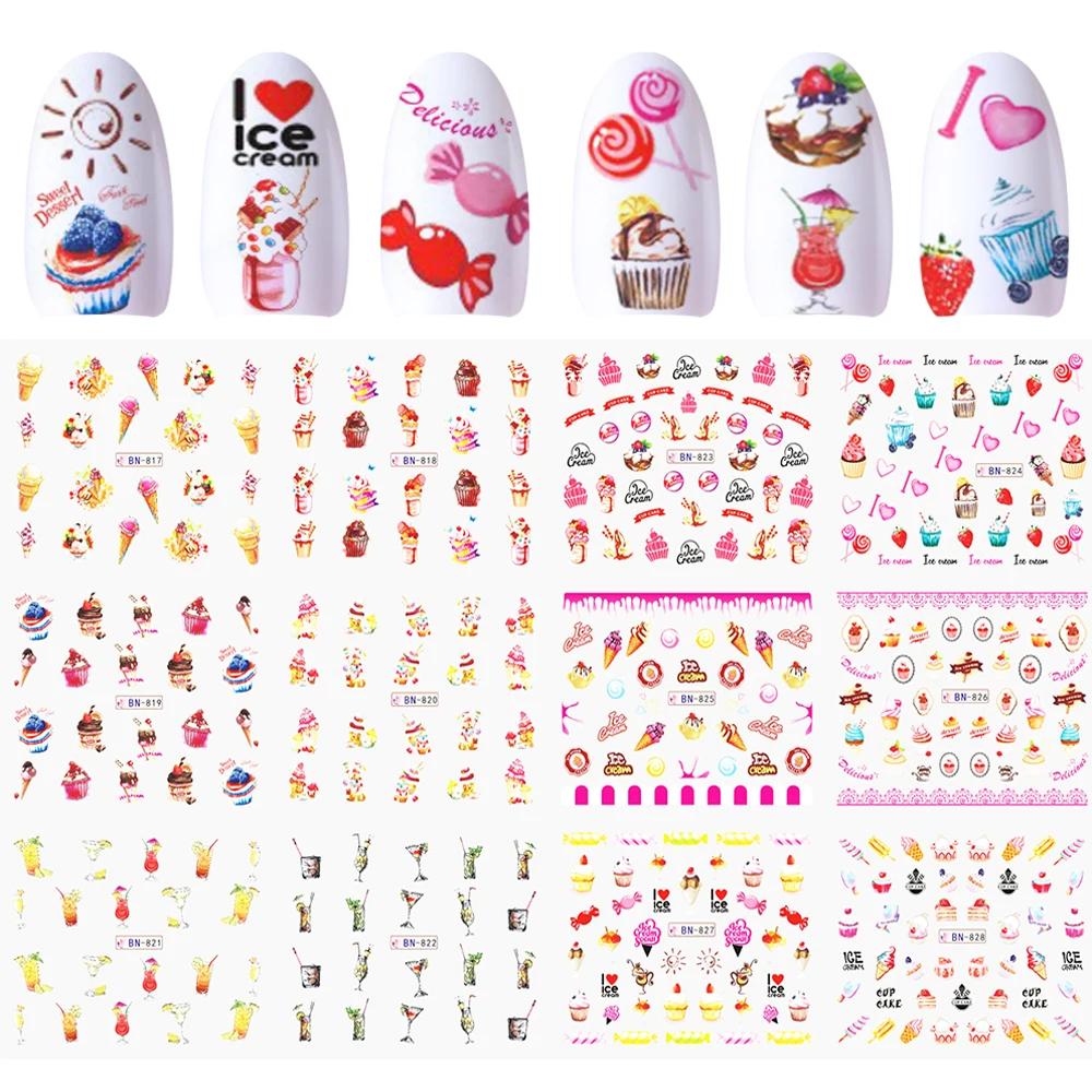 

12 Designs Nail Sliders Art Water Stickers Decals Adhesive Colorful Ice cream Cake Candy Juice Wraps Manicure Decor JIBN817-828