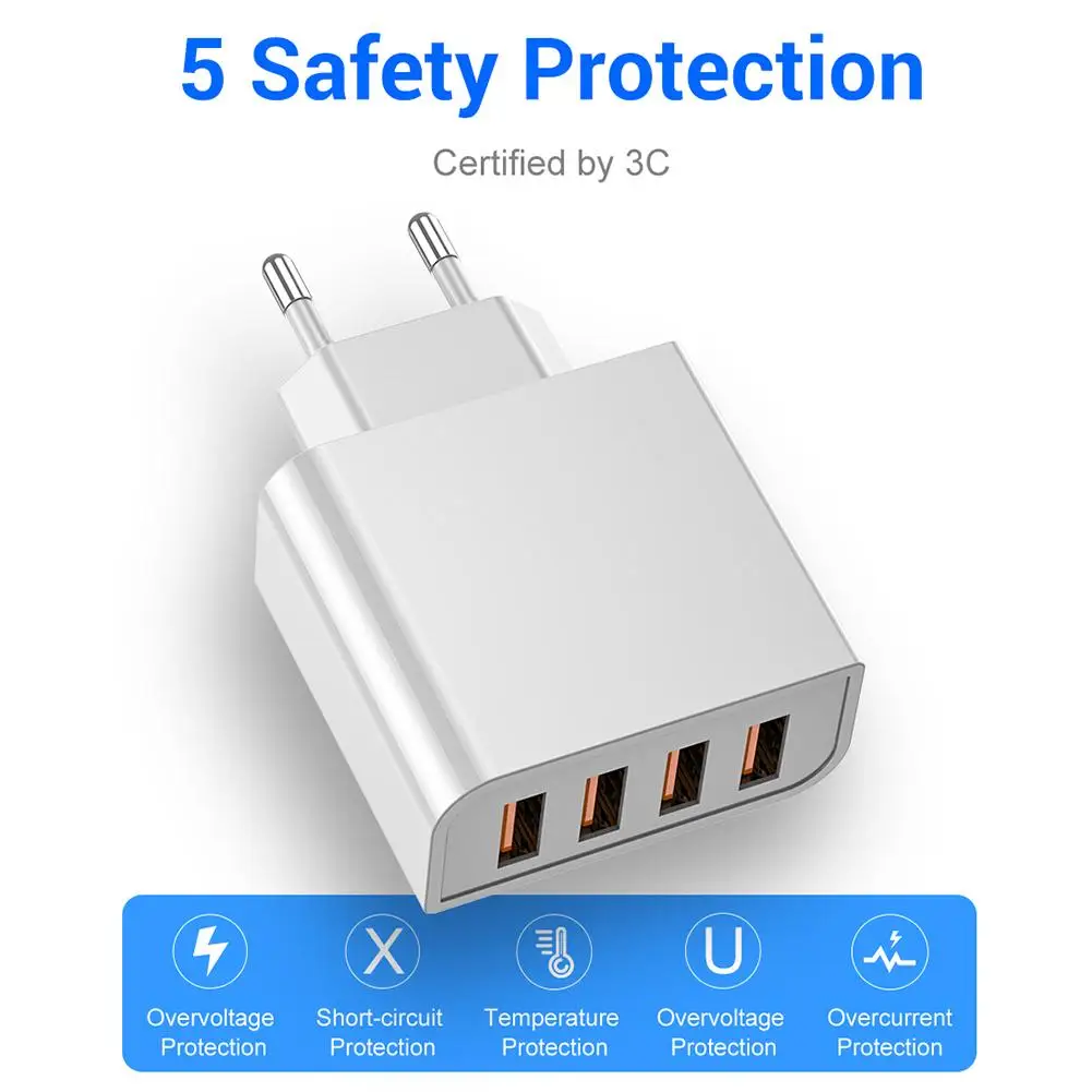 USB Зарядное устройство 4-Порты Quick Charge 3.4A универсальный адаптер, быстрая зарядка для samsung iPhone XiaoMi