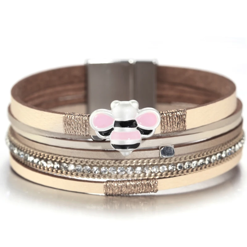 

ALLYES Leather Charm Bracelets For Women 2019 Fashion Jewelry Bee Ladies Bohemian Bracelet Multilayer Wide Bracelets & Bangles