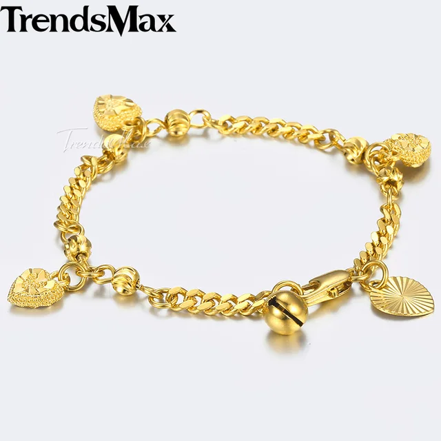 Kids Bracelet Yellow Gold Curb Cuban Link Chain Bangle Heart Bell Kids Bracelet Yellow Gold Curb Cuban Link Chain Bangle Heart Bell Charm Bracelets For Baby Jewelry