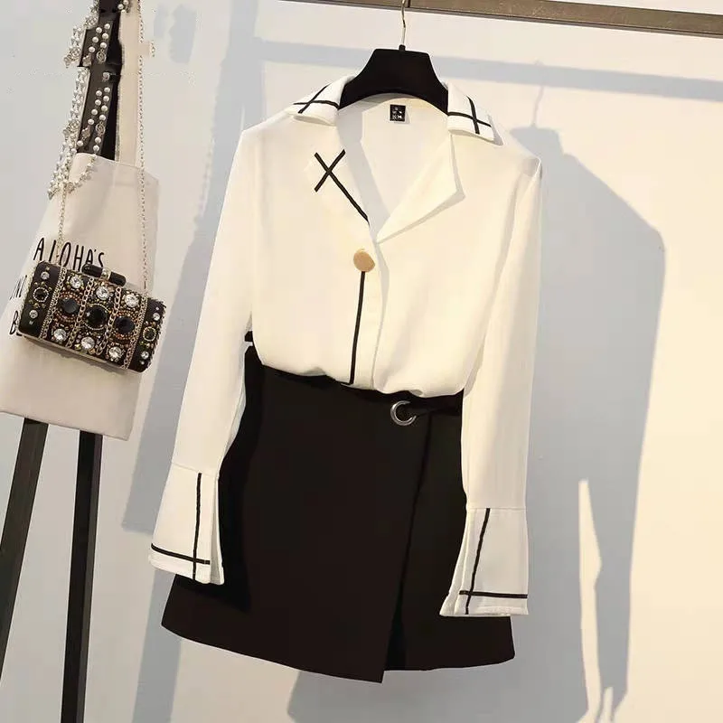 

2019 New Summer Women Elegant Flare Sleeve Office Work Blouse Shirt +Irregular Solid Mini Dress Suit Female Party Casual Set Z99