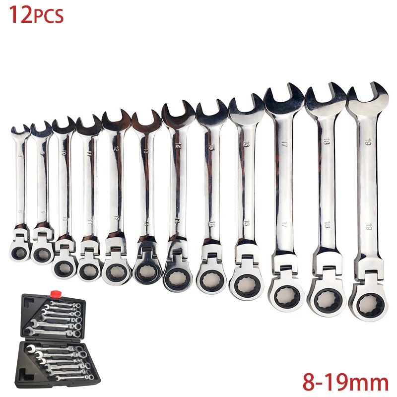 12 Pcs Flexible Combination Ratchet Wrench Gear Repair Set Hand Tools