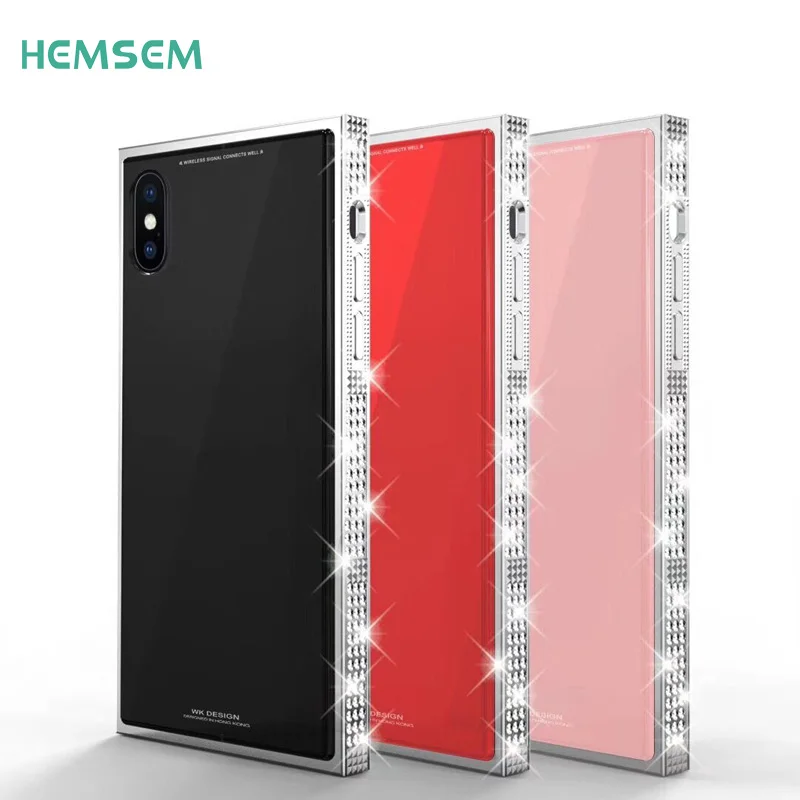 

Luxury Tempered Glass Phone Case for iPhone X Square Jewelled Shockproof Cover For iPhone 8 7 6 Plus 7plus 8plus Original Design