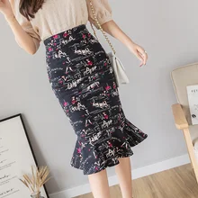 Модная женская винтажная юбка русалки с принтом, обтягивающая юбка, рабочая одежда с оборками, Женская Офисная элегантная юбка-карандаш, большие размеры