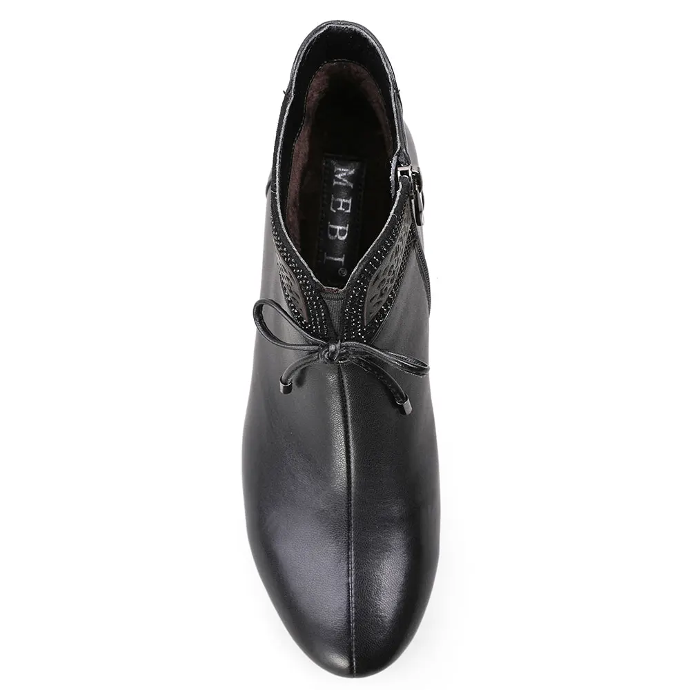 Cómodo Étnica Mujer Cuero Auténtico Botas Abuela Bling 2018 Negro Zapatos Chunky Botines Ancho Mamá Mebi XqpwAW