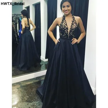 

Elegant A-line Long Black Bridesmaid Dresses 2018 Sexy Backless Vestidos dama de honor New Applique Lace Dress for Wedding Party