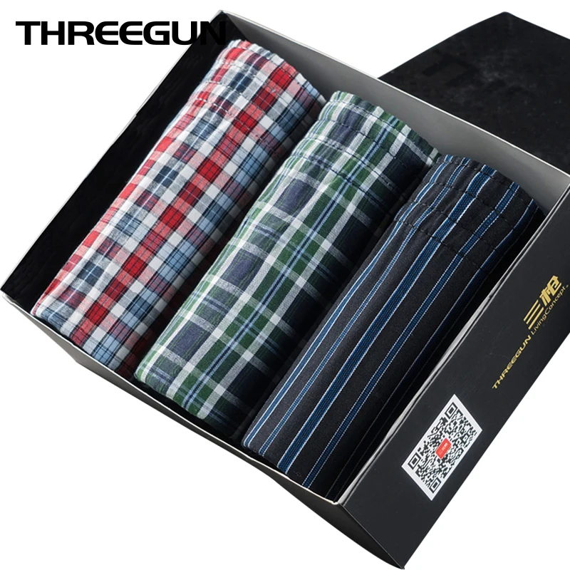 THREEGUN 100% хлопок мужские клетчатые боксеры нижнее белье со стрелками трусы с
