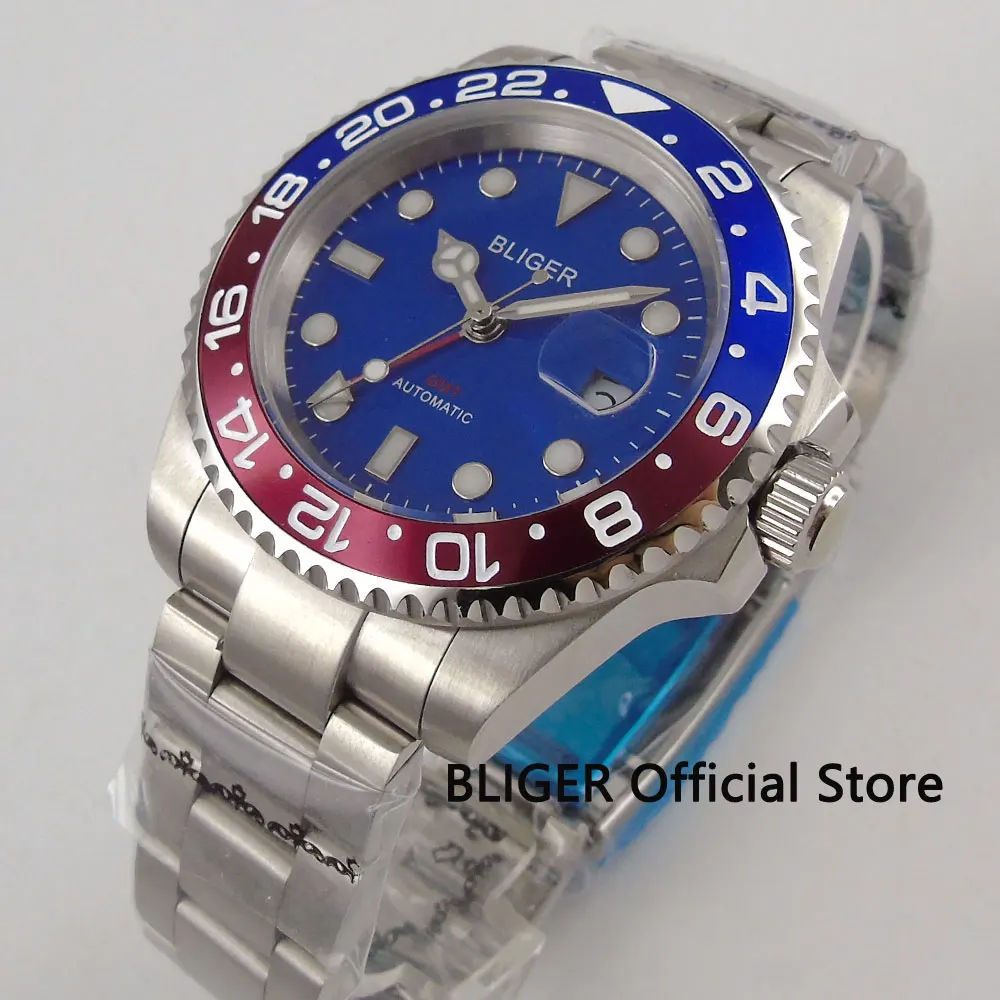 

Sapphire Crystal BLIGER 40MM Blue Dial GMT Function Red Blue Bezel Luminous Marks Automatic Movement Men's Wrist Watch B180