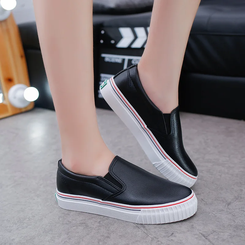 

New Spring White black Shoes Woman Pu Leather Solid Color Female Casual Women Sneakers Lazy shoes