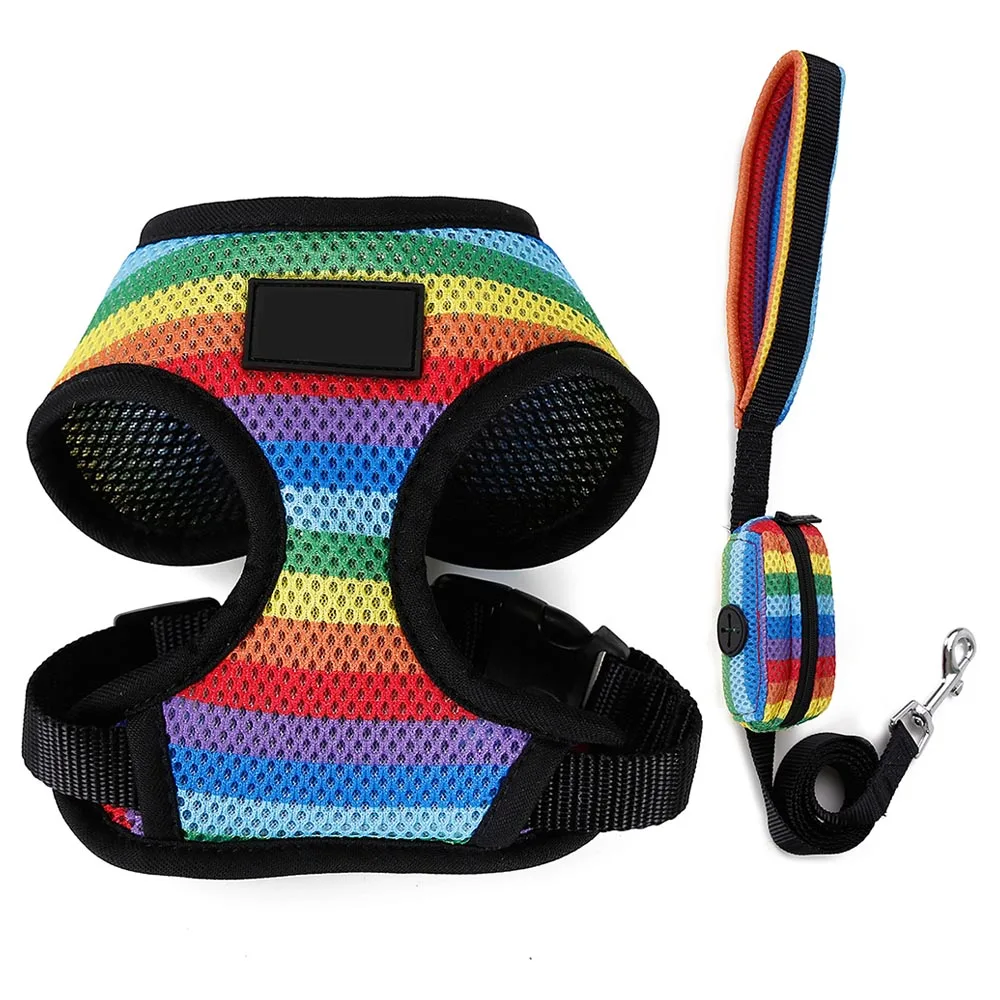 Rainbow Dog Cat Harness Set Pet Adjustable Reflective Vest Walking Lead