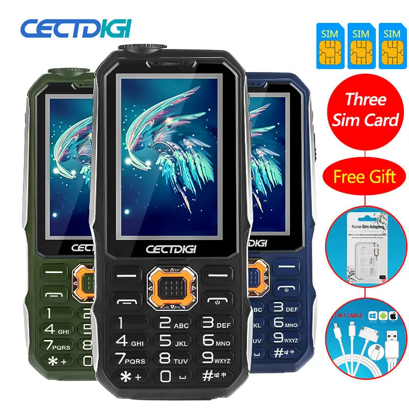 3 sim-карты телефон cectdigi T19 3D стерео Динамик Открытый прочный мобильный телефон Запасные Аккумуляторы для телефонов Беспроводной fm 16:9 HD русский клавиатура телефон