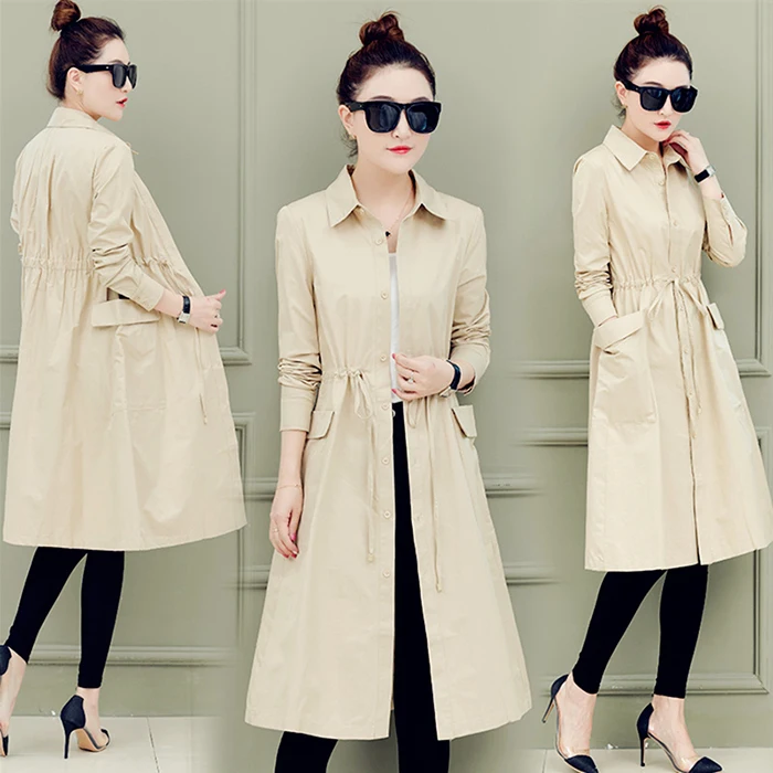 

2019 Long Fashion Cardigan Windbreaker Jacket Female Spring Autumn Large Size 3XL Loose Wild Shirt POLO Collar Coat Simple A196