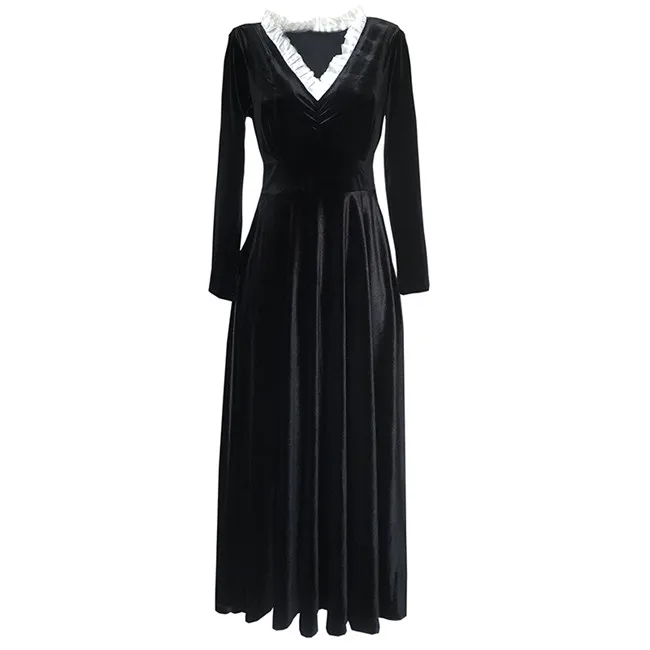 Весеннее, Осеннее, зимнее женское винтажное элегантное черное бархатное платье, женское тонкое платье с v-образным вырезом и высокой талией, длинное платье, vestidos verano - Цвет: Черный