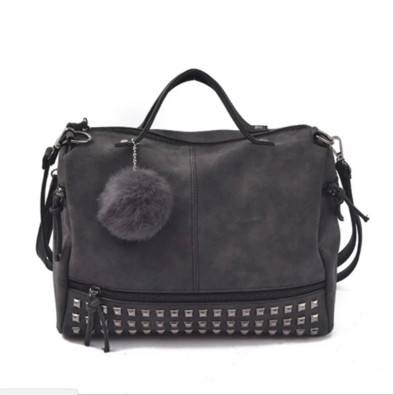 

Vintage Nubuck Leather handBags Rivet Larger Women Bags All-match Hair Ball Shoulder Bag Motorcycle Messenger Bag / by dhl 10pcs
