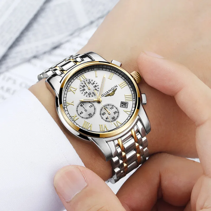

GUANQIN Mens Watches Top Brand Luxury Quartz Watch Multifunctional Sport Men's Stainless Steel Business Watch relogio masculino