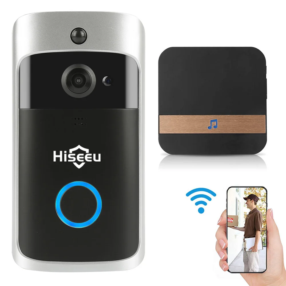 

WIFI Video Doorbell Battery Camera Intercom Chime HD PIR Alarm Two Way Audio IR-Cut App View TF Card Hiseeu