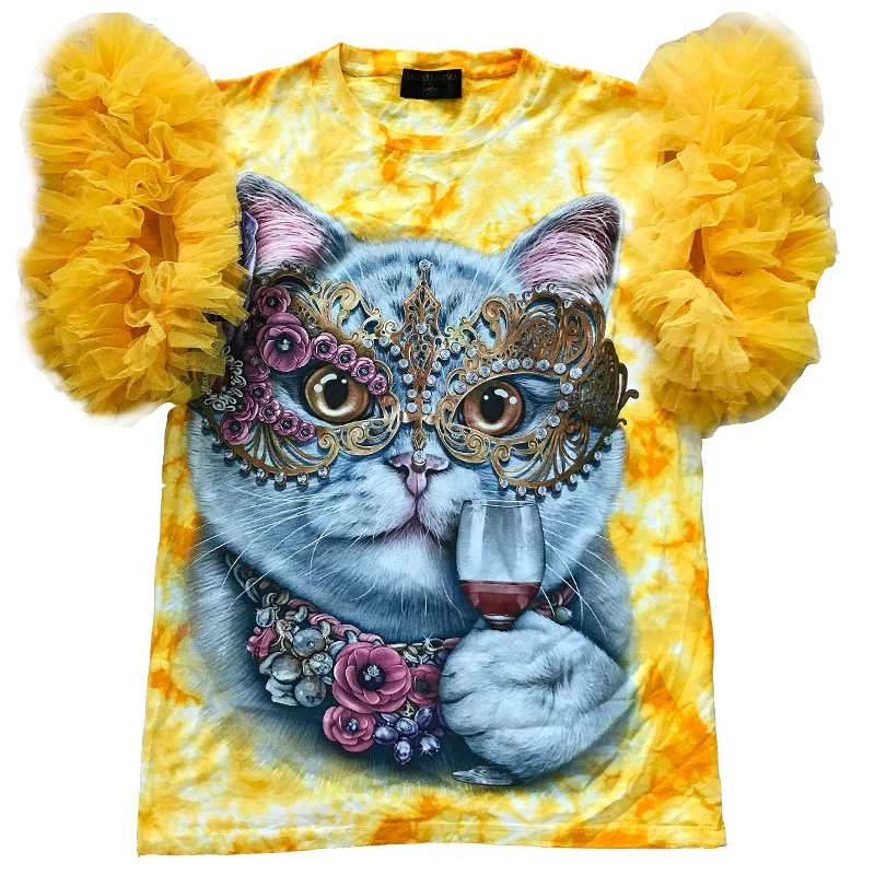 

Summer Short Sleeve T-Shirt Female 2019 Spring and Summer New Cartoon Print Demi Mesh Tuft Sleeve High Quality Sweet Top