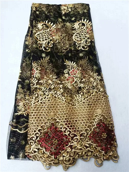 

French Lace Fabric 2018 High Quality Lace Net African Lace Fabric With Beads Lace Fabrics For Wedding Black golden red