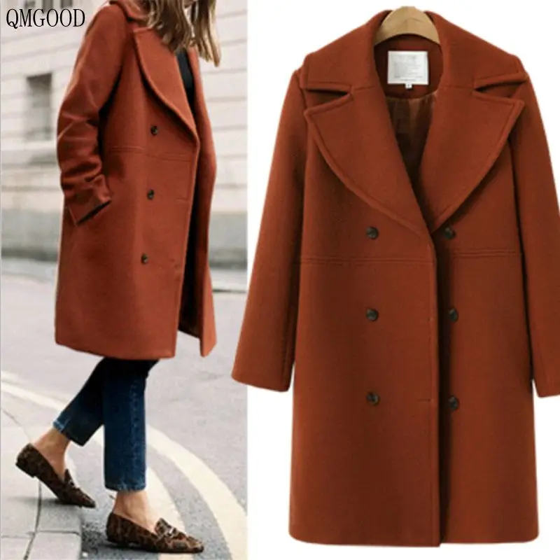 

QMGOOD Fashion Windbreaker Long Sleeve Winter Wool Coat Women Europe Style Large Size Feminino Autumn New Slim Long Woolen Coats