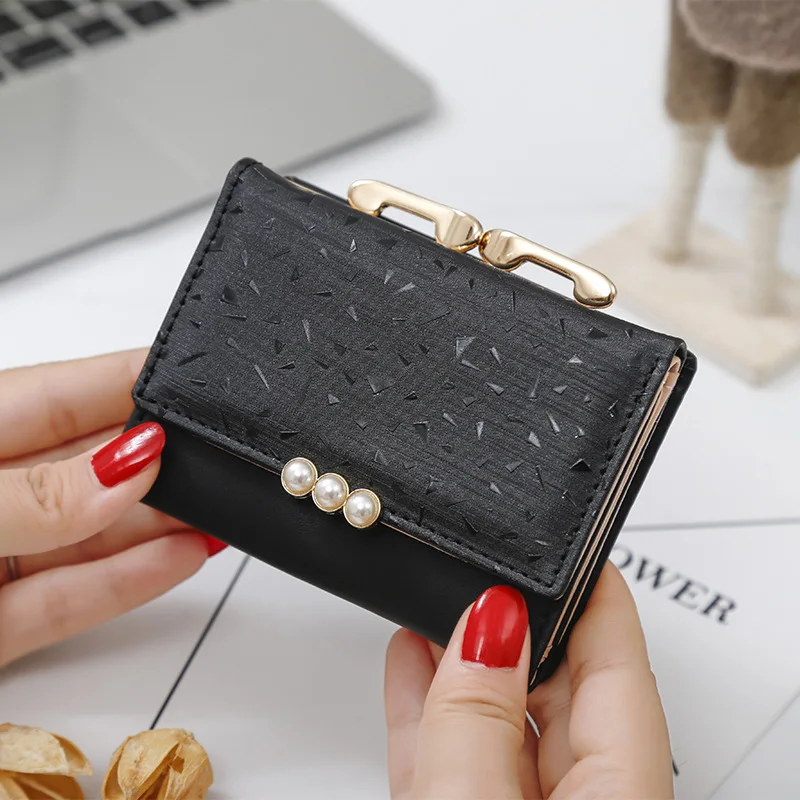 

2019 Pearl Element Trifold Women Wallets Short Soft Leather Ladies Purse Clamp Designer Coin Pocket Card Holder Female Wallet