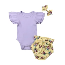 0-24 M Новорожденный ребенок девочка одежда короткий рукав комбинезон с цветным узором шорты повязка на голову, костюм