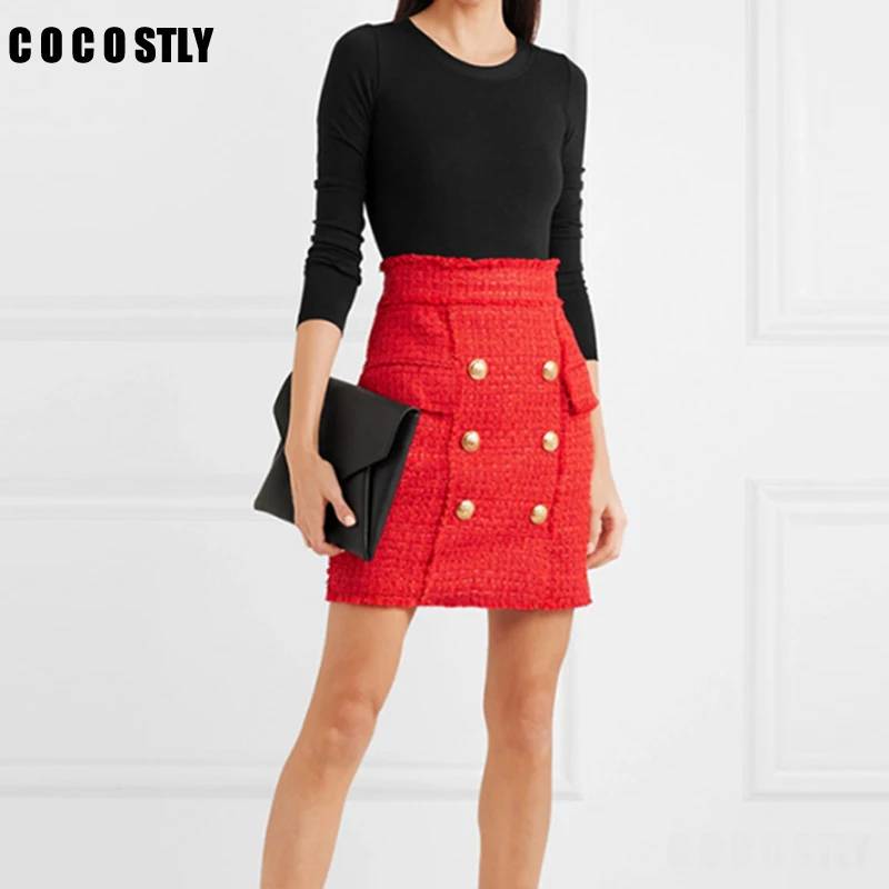 La Otoño De Chaqueta Falda Grils' Mujeres Primavera Red Botones 2019 Tweed Para Roja Invierno Pw1ZzqA4x